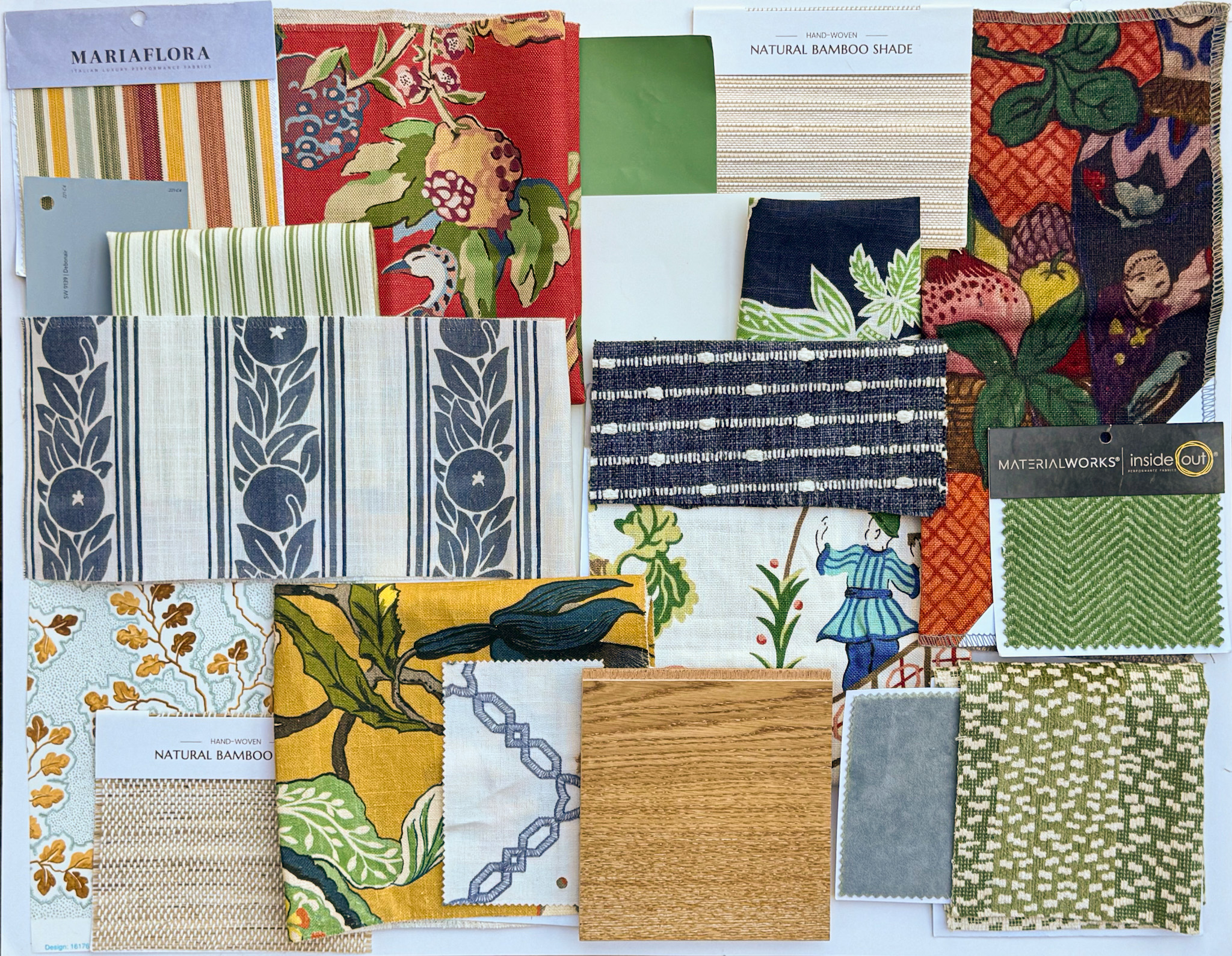 Materials board created by St. Louis interior designer featuring fabrics, finishes, and colors for a four-room home makeover